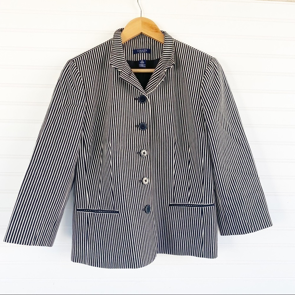 Chaps Blazer 10 Navy White Striped 5-Button 3/4 Sleeve Cotton Jacket